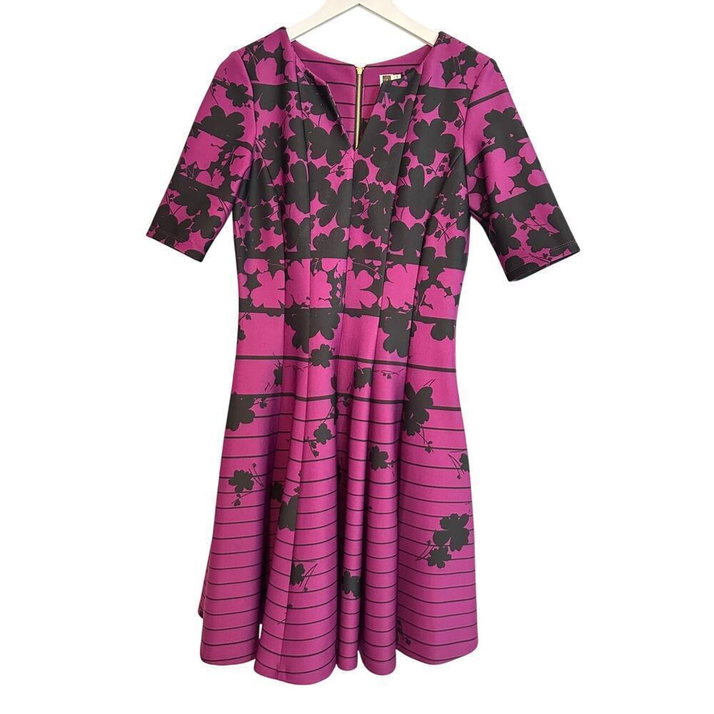Size 8 Purple Black Floral Striped Scuba Fit Flare Mini Dress Work Knee Length - Picture 2 of 12